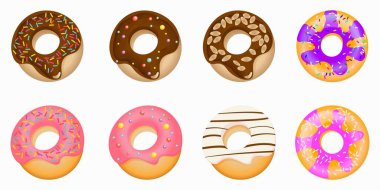 Farklı çörekler. Şekerlemeli, çikolatalı ve soslu donutların vektör görüntüsü. Madalyalı hamur işleri
