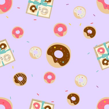 Donut deseni. Uluslararası Çörek Günü için vektör görüntüsü. Şeker ambalajı