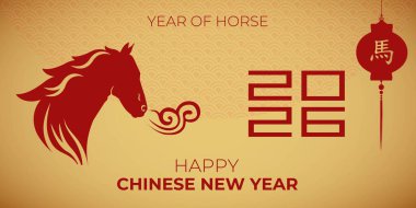 2026 yılı. At ve Çin sembolleri. Mutlu Çin Yeni Yılı 'nın vekil kartı. Altın ve kırmızı renkli resim