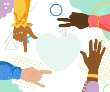 Vektör görüntüsü. Dostluğun sembolü olarak eller. Uluslararası Dostluk Günü Sancakları