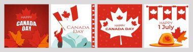 Kanada Günü. Tebrik kartı seti. Kanada sembollü vektör resimleri: çivi yazısı mektuplar, bayraklar ve vatansever insanlar