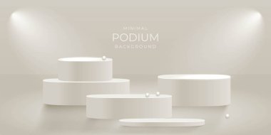 Podyumlar. Ürünleriniz için podyumların vektör görüntüsü. 3 boyutlu bir reklam kaidesi. Pastel renklerde gerçekçi klasik arkaplan, spot ışıklarının ışığında, yazıtlar için yeri olan.