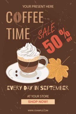 Bir fincan cappuccino, retro tarzı. Kafe için yazıtların olduğu bir poster. Köpüklü ve sonbahar yapraklı kahvenin vektör görüntüsü