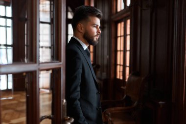 Takım elbiseli yakışıklı genç işadamı lüks odada duruyor..