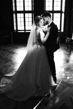 Güzel bir düğün çifti lüks evlerinde poz veriyor..