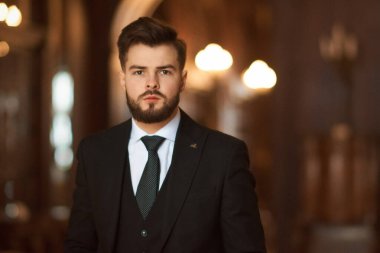 Takım elbiseli genç yakışıklı iş adamı klasik bir iç mekanda poz veriyor.