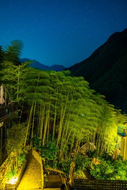Bambu Korusu Üzerindeki Yıldızlı Gece ve Kırsal Evler İnzivası