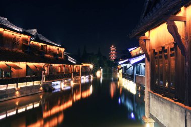 Wuzhen Antik Jiangnan Su Kenti Nehir Manzarası Gece Manzarası
