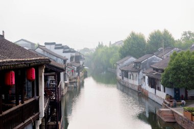 Nanxun Antik Kenti Huzhou 'daki Tongjin Köprüsü' nün Panoramik Manzarası