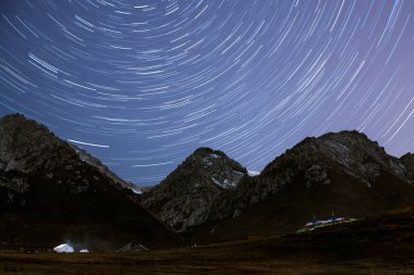 Karlı Dağ Tibet Evleri Samanyolu Yıldızının Altında Gece Gökyüzünde