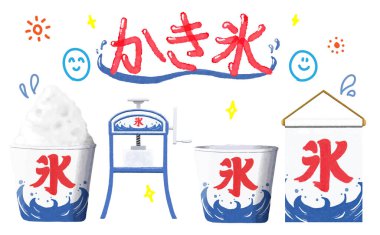 This detailed watercolor illustration showcases a Japanese shaved ice tool set, a delightful representation of Japan beloved summer treat. clipart