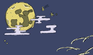 Ay 'ın, yıldızlı gökyüzü arka planında Japon desenli ve Ay' da tavşan gölgesi olan bir görüntüsü..