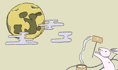 Ayın bej gökyüzü arkaplanlı bir görüntüsü, Ay 'da mochi yapan bir tavşan ve tavşan gölgesi var..