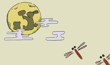 Ayın bej gökyüzü arka planında bir yusufçuk ve Ay 'da bir tavşan gölgesinin yer aldığı bir tasviri...