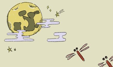 Ay 'ın bej yıldızlı gökyüzü arka planında bir yusufçuk ve Ay' da bir tavşan gölgesinin yer aldığı bir tasviri..