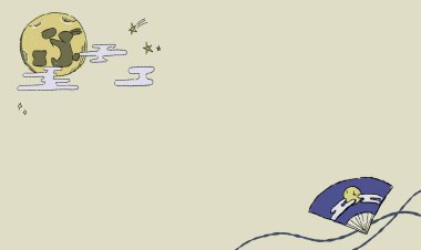 Ayın bej yıldızlı gökyüzü arkaplanına sahip bir çizimi, Ay 'da bir fan ve tavşan gölgesi var..