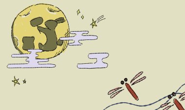 Ay 'ın bej yıldızlı gökyüzü arka planında bir yusufçuk ve Ay' da bir tavşan gölgesinin yer aldığı bir tasviri..