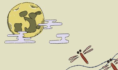 Ayın bej gökyüzü arka planında bir yusufçuk ve Ay 'da bir tavşan gölgesinin yer aldığı bir tasviri...