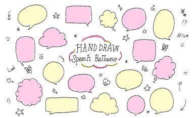 El yapımı bir konuşma balonu ve dekorasyon seti. Pembe ve sarı tabanlı bir tasarım, mesajları veya yorumları vurgulamak için mükemmel..