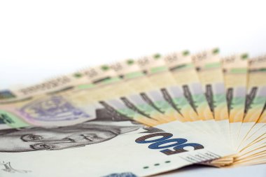 Para Ukrayna Hryvnia, ışık arkaplanda kopyalama alanı ile makro