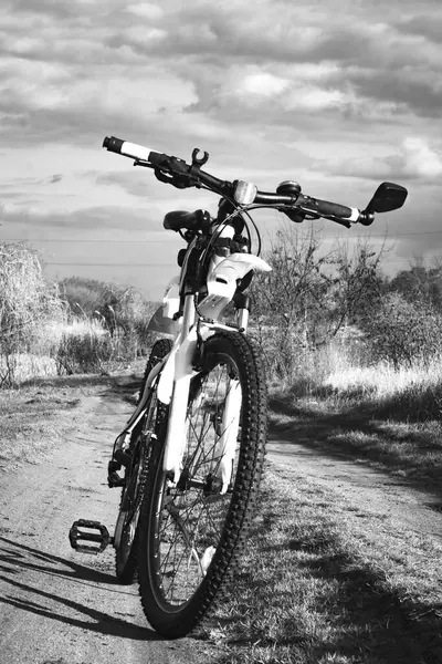 Kırsalda dağ bisikleti, dikey siyah beyaz fotoğraf.