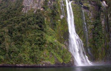 Şelaleler Yeni Zelanda 'da Milford Sound' a dökülüyor. Bu şelaleler Yeni Zelanda Fiordland 'daki yağmurdan sonra yaygındır. Yüksek kalite fotoğraf