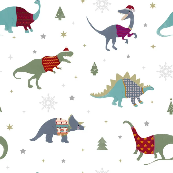 Dinozor Noel seti. Şirin Dino ve kış elementleriyle kusursuz yeni yıl deseni: kışlık giysiler ve Noel ağacı.