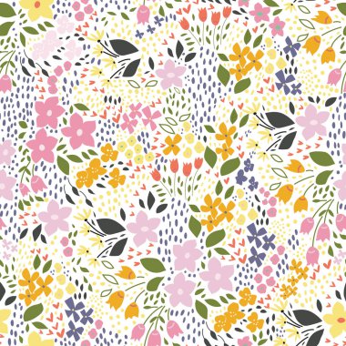 Yaz kır çiçekleri, çiçeksiz desenler renkli çiçekler ve beyaz arka planda soyut yeşil bitkiler. Tekstil veya ambalaj kağıdı için hassas desen baskısı.