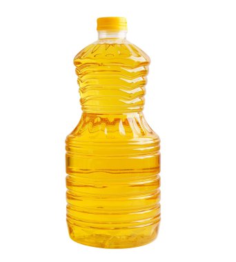 Kırpma yolu ile beyaz arka planda izole edilmiş bitkisel yağ şişesi.