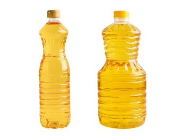 Bitkisel yağ şişesi beyaz arka planda izole.