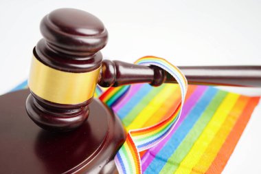 Jüri avukatı için gökkuşağı bayrağında Gavel, LGBT gurur ayının sembolü.