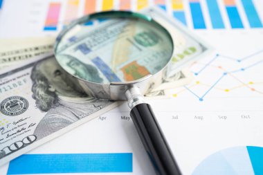 Grafikte Amerikan doları banknotları olan büyüteç. Finans ve ticaret.