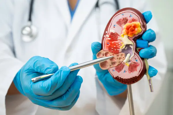 stock image Kidney disease, Chronic kidney disease ckd, Doctor hold human model to treat and study in hospital.