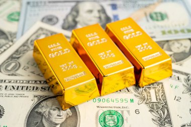 Gold bar on US dollar banknotes, finance and economy.