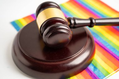 Jüri avukatı için gökkuşağı bayrağında Gavel, LGBT gurur ayının sembolü.