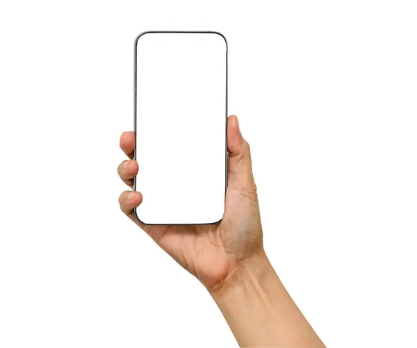 İletişim kurmak için cep telefonunu elinde tutan Asyalı kadın beyaz arka planda kırpma yolu ile izole edilmiş..