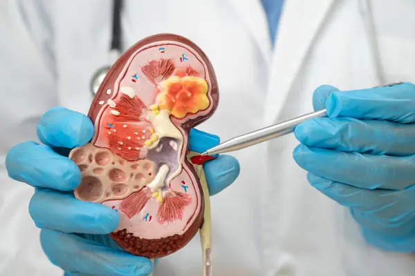 stock image Kidney disease, Chronic kidney disease ckd, Doctor hold human model to treat and study in hospital.