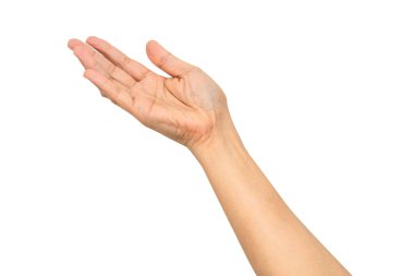 Asyalı kadın avucunun içi açık, kesme yolu olan beyaz bir arka planda izole edilmiş..