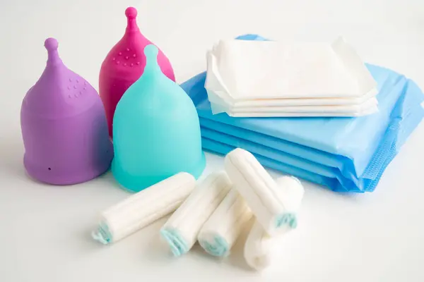 stock image Sanitary pad napkin, tampon and menstruation cup for woman hygiene protect menstruation cycle.