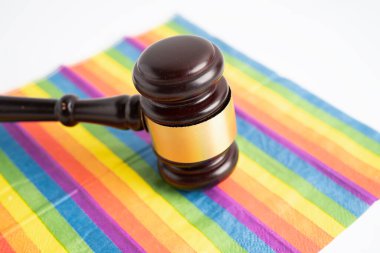 Gavel, LGBT gurur ayının sembolü olan gökkuşağı bayrağında hakim avukat adayı..
