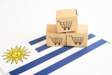 Çevrimiçi alışveriş, Uruguay bayrağında alışveriş arabası kutusu, ithalat ihracat, finans ticareti.