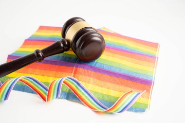 Gavel, LGBT gurur ayının sembolü olan gökkuşağı bayrağında hakim avukat adayı..