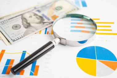 ABD doları ve EURO banknotları ve grafiği üzerindeki büyüteç, ticari ticaret kavramını finanse ediyor.