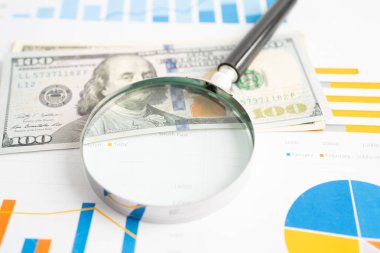 ABD doları ve EURO banknotları ve grafiği üzerindeki büyüteç, ticari ticaret kavramını finanse ediyor.