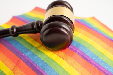 Gavel, LGBT gurur ayının sembolü olan gökkuşağı bayrağında hakim avukat adayı..