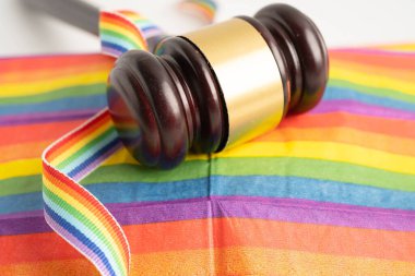Gavel, LGBT gurur ayının sembolü olan gökkuşağı bayrağında hakim avukat adayı..