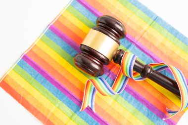 Gavel, LGBT gurur ayının sembolü olan gökkuşağı bayrağında hakim avukat adayı..