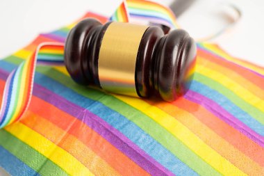 Gavel, LGBT gurur ayının sembolü olan gökkuşağı bayrağında hakim avukat adayı..