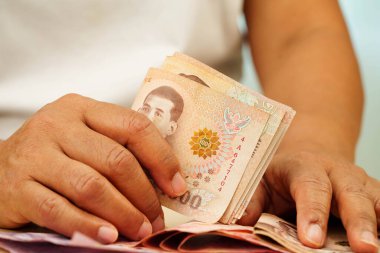 Tayland baht banknotlarını sayan Asyalı bir kadın, elinde para, yatırım ekonomisi, muhasebe ve bankacılık.