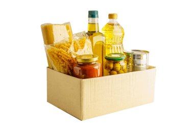 Gönüllülere yardım etmek için bağış kutusundaki yiyecekler..